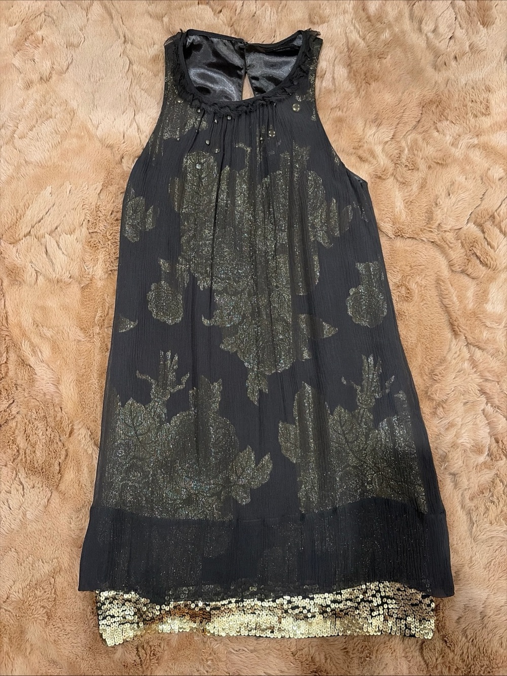 Brown Gold Floral Silk Layered Sheer Stud Dress Fairy Whimsy Y2K Sequins 0